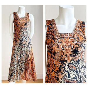 Vintage Bias Cut Paisley Print Midi Dress w Beaded Detail S